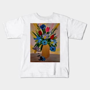 abstract tulips and daffodils in a gold vase Kids T-Shirt